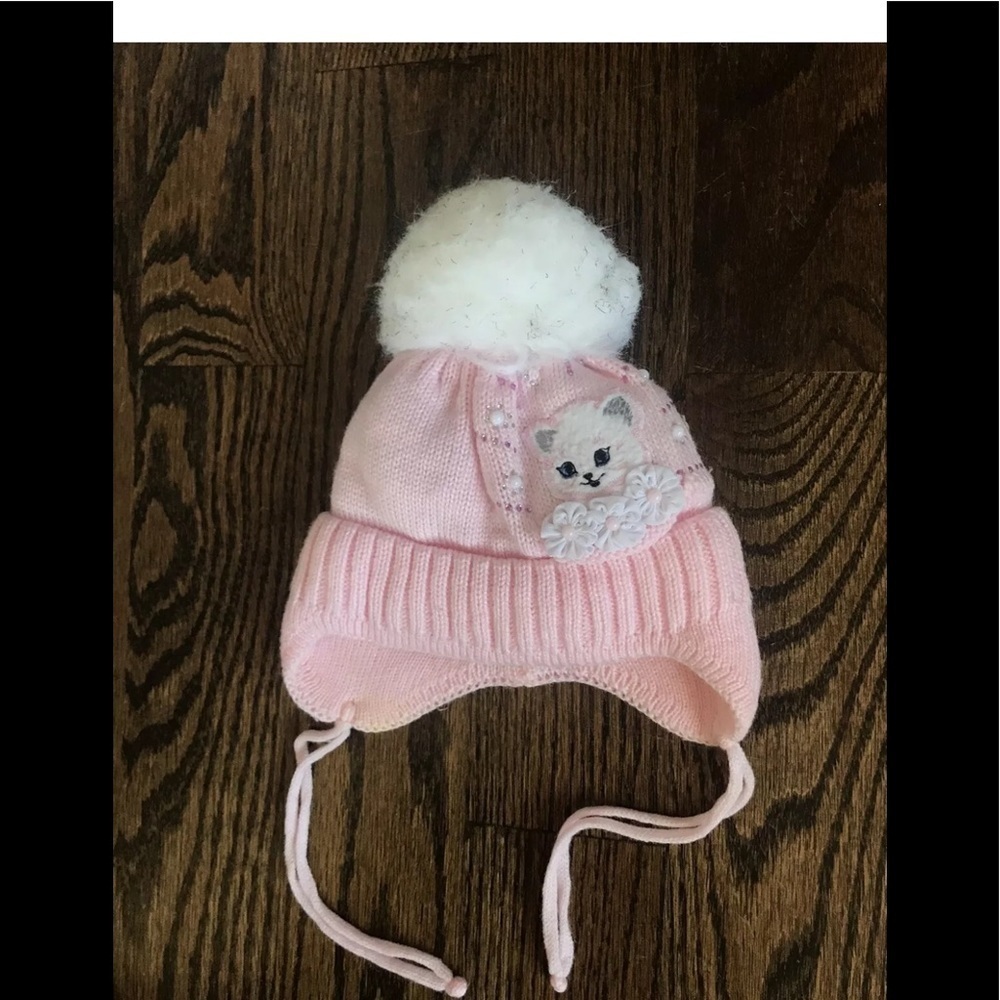 Wool hat baby girl sz 0-6 mo pink with pom pom